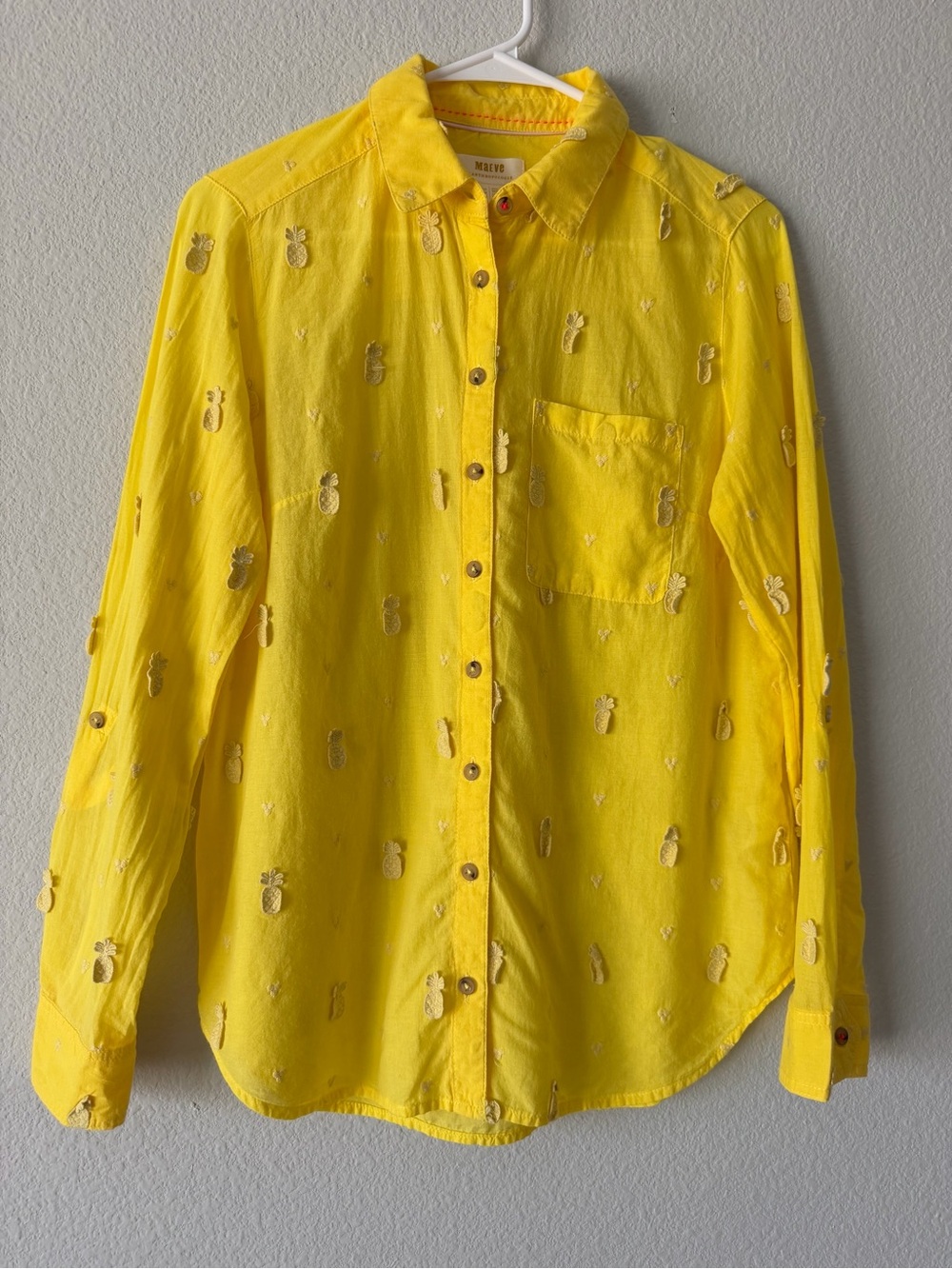 Maeve Anthropologie Yellow Pineapple Embroidered Button Down Shirt Sz 6 Boho Top